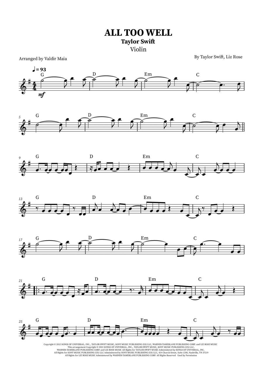 All Too Well Violin Solo scores gallery preview page 1