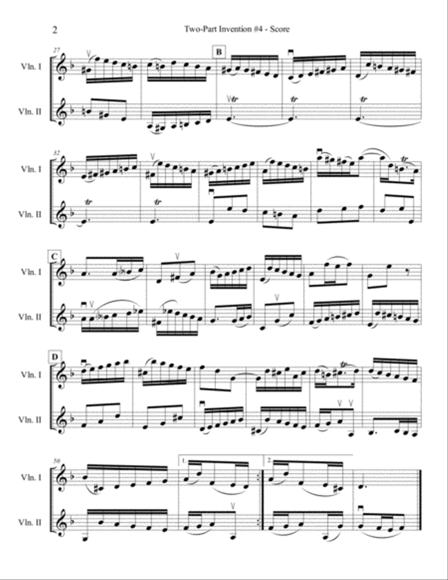 Bach 2-Part Invention #4 for Two Violins String Duet scores gallery preview page 2