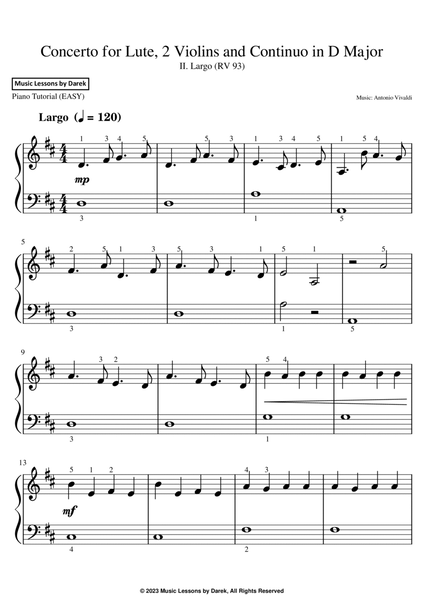 Concerto for Lute, 2 Violins and Continuo in D Major (EASY PIANO) II. Largo (RV 93) [Antonio Vivaldi image number null