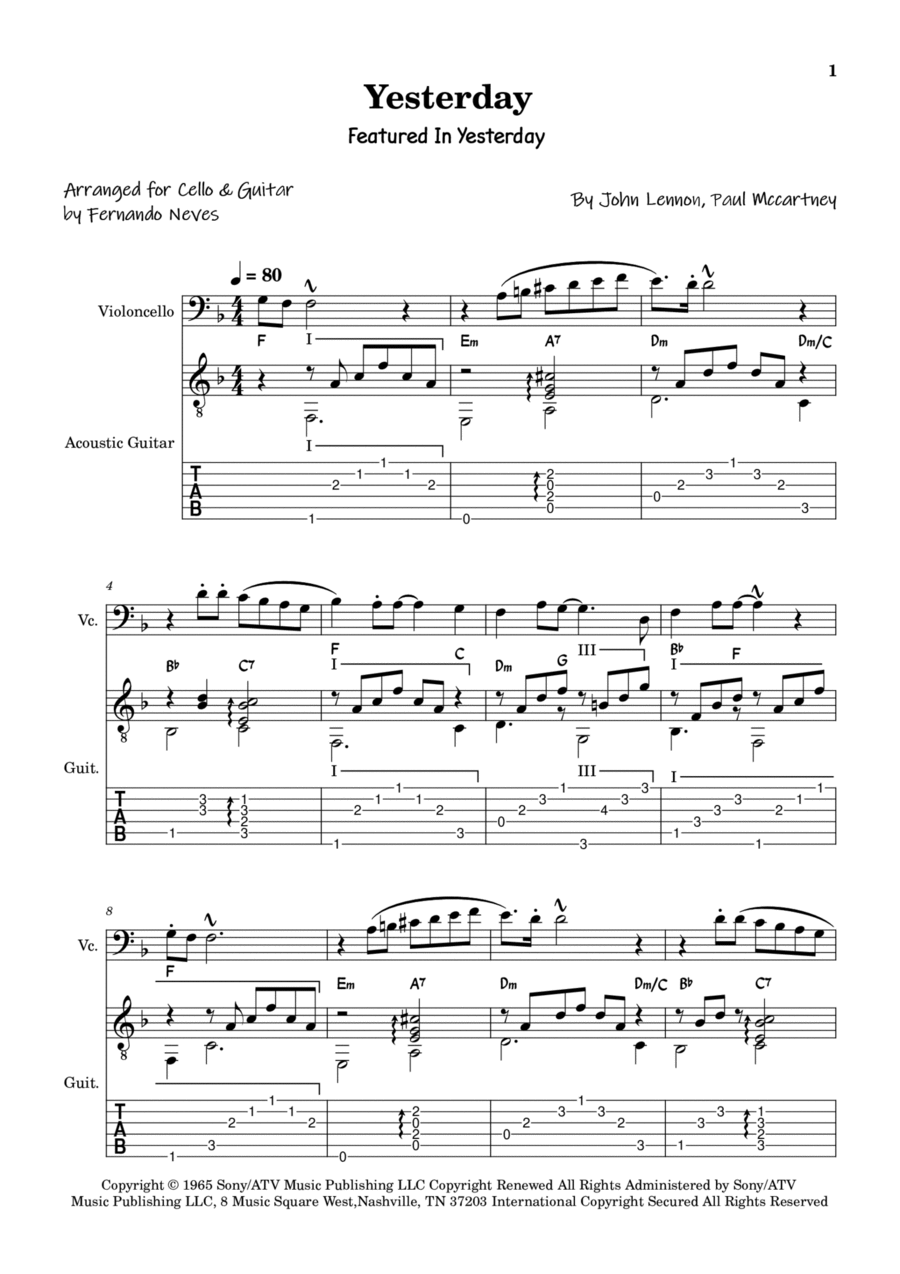 Yesterday Cello Solo scores gallery preview page 1