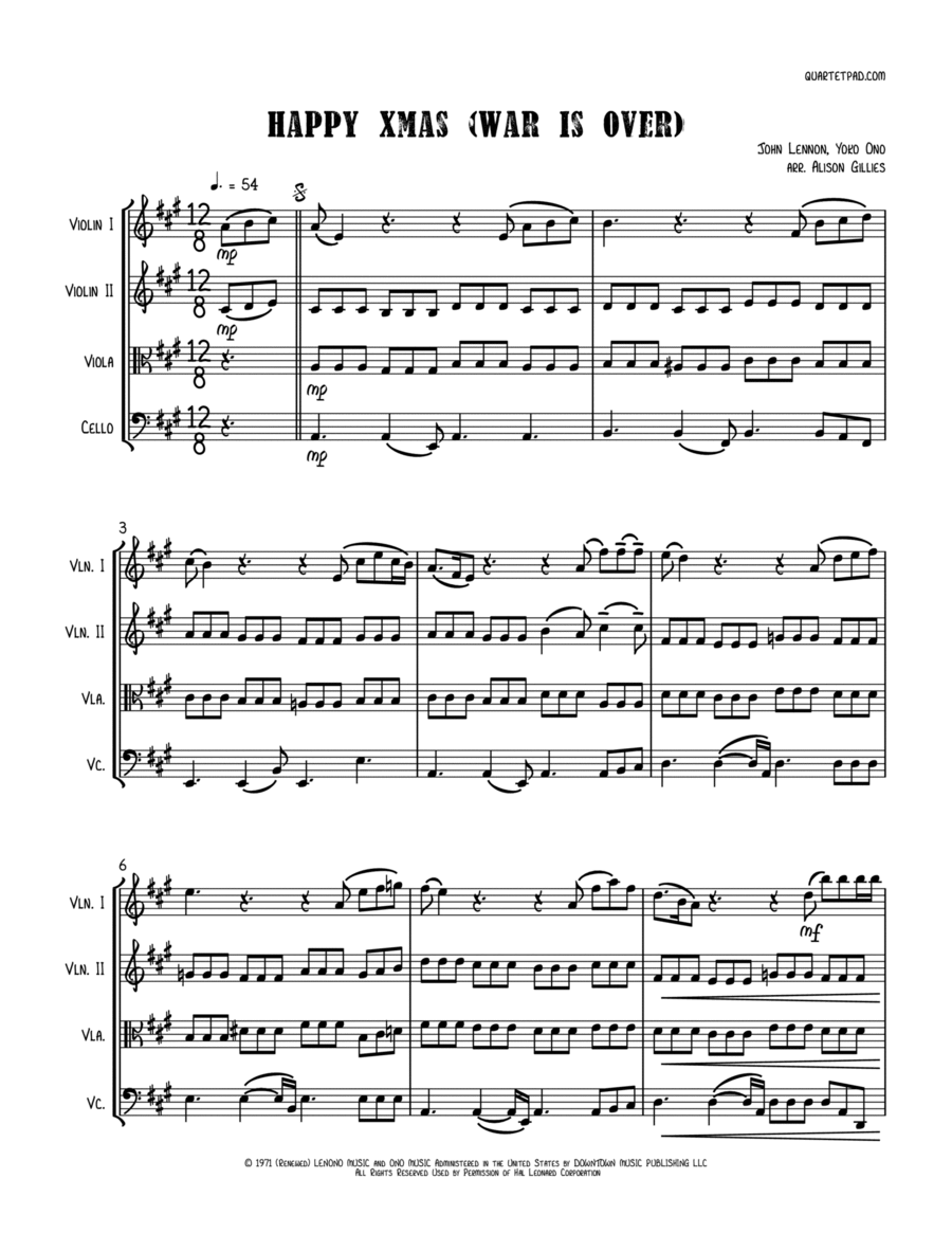 Happy Xmas (War Is Over) String Quartet scores gallery preview page 1