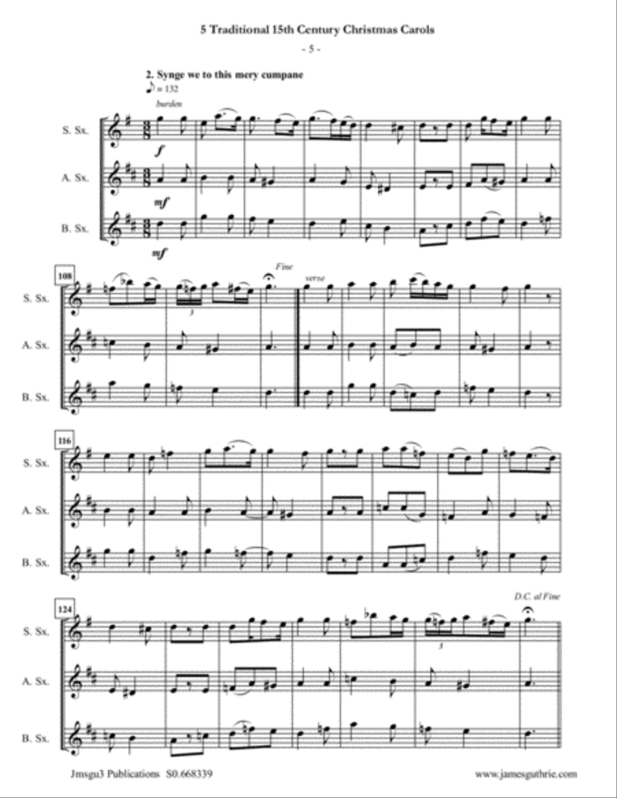 5 Traditional 15th Century Christmas Carols for Soprano, Alto & Baritone Sax Trio Woodwind Trio scores gallery preview page 5