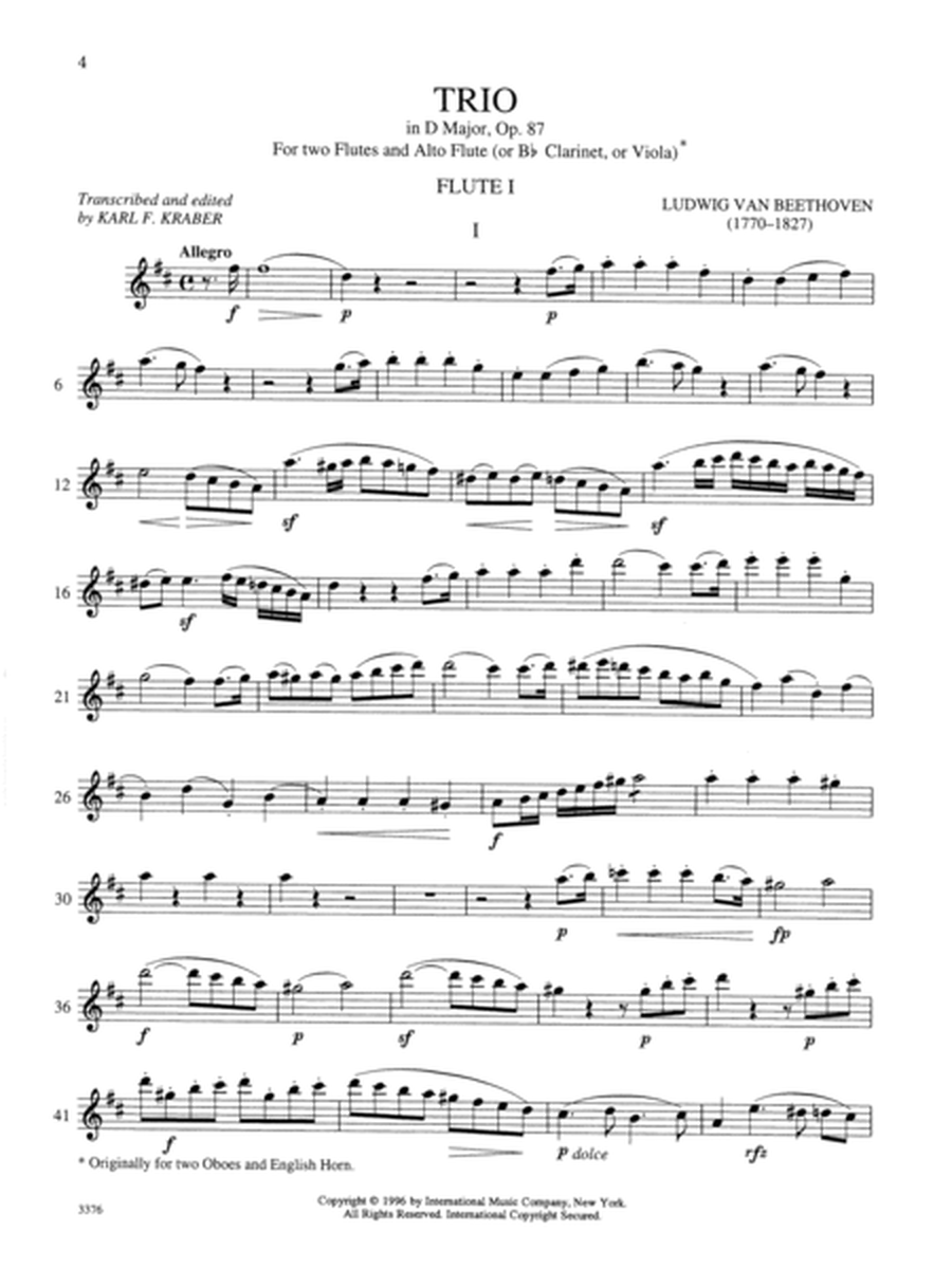 Trio In D Major, Opus 87 For Two Flutes And Alto Flute (With B Flat Clarinet And Viola Parts As Optional Alto Flute Substitute)