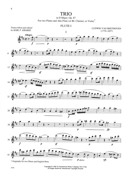 Trio In D Major, Opus 87 For Two Flutes And Alto Flute (With B Flat Clarinet And Viola Parts As Optional Alto Flute Substitute)