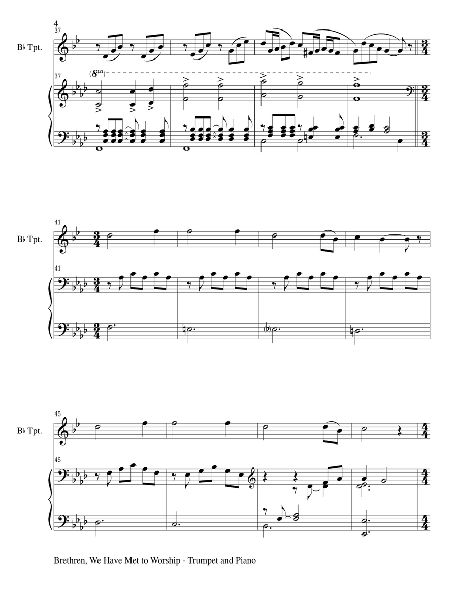 BRETHREN, WE HAVE MET TO WORSHIP (Duet – Bb Trumpet and Piano/Score and Parts) Trumpet Duet scores gallery preview page 4
