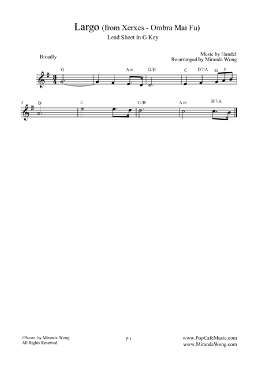 Largo from Xerxes - Lead Sheet in G Key (Violin or Flute Solo) Small Ensemble scores gallery preview page 1