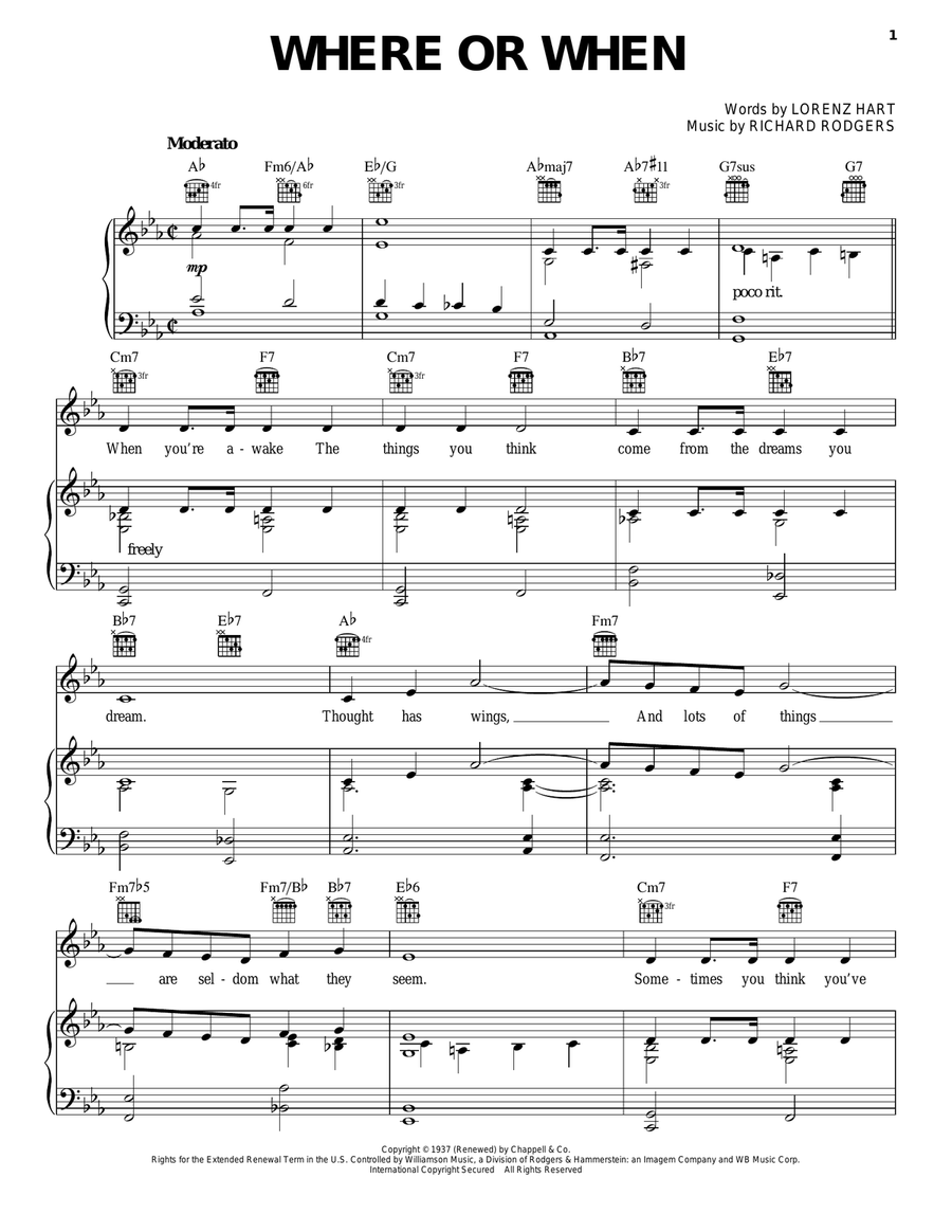 Where Or When Piano, Vocal, Guitar scores gallery preview page 1