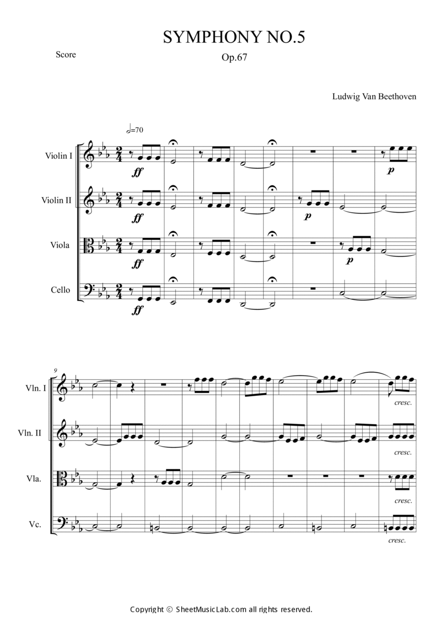 Symphony No.5 Op.67 Easy Version String Quartet scores gallery preview page 1