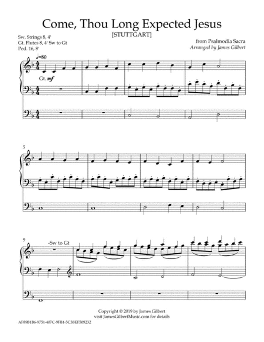 Come, Thou Long Expected Jesus [STUTTGART] Organ Solo scores gallery preview page 1