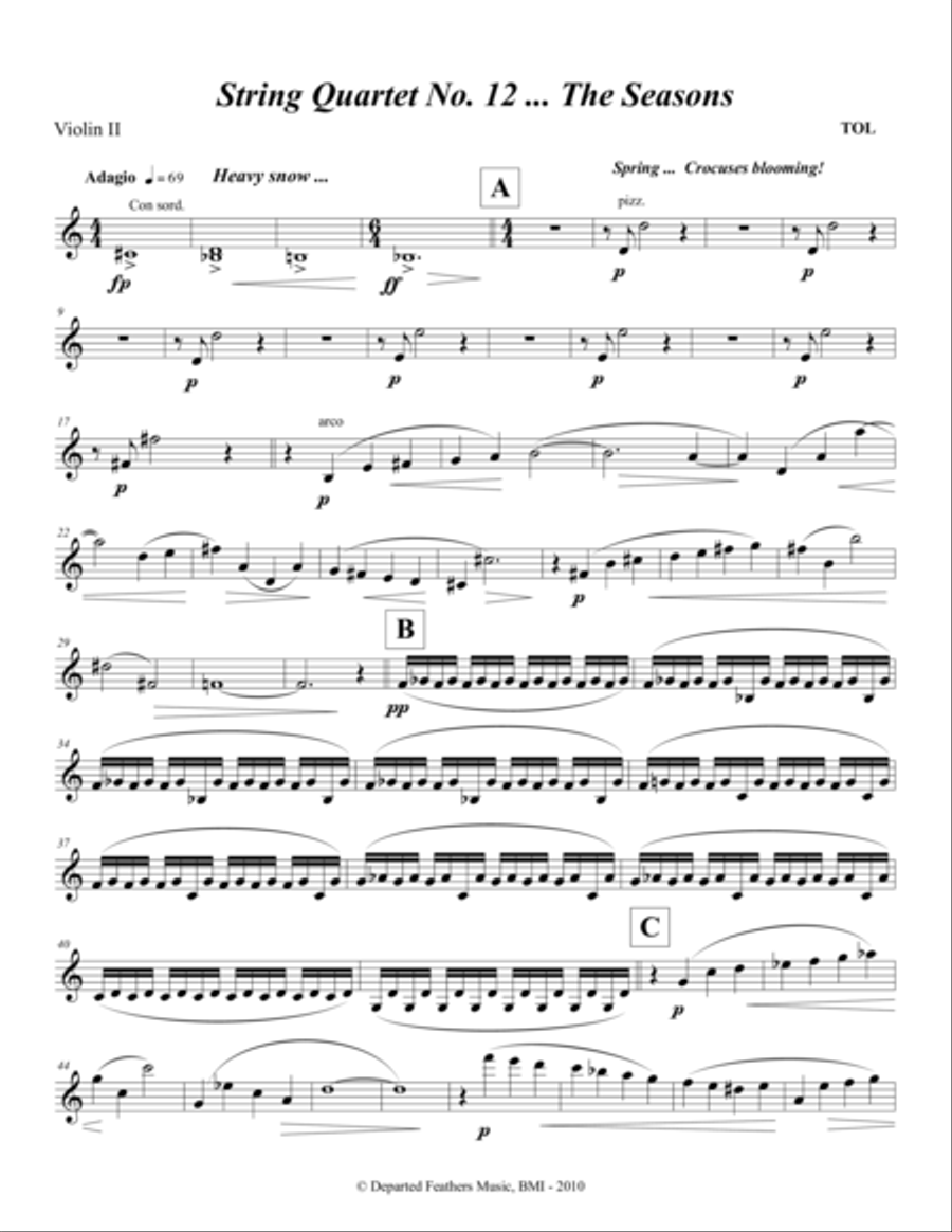 String Quartet No. 12 ... The Seasons (2010) Violin 2 String Quartet scores gallery preview page 1
