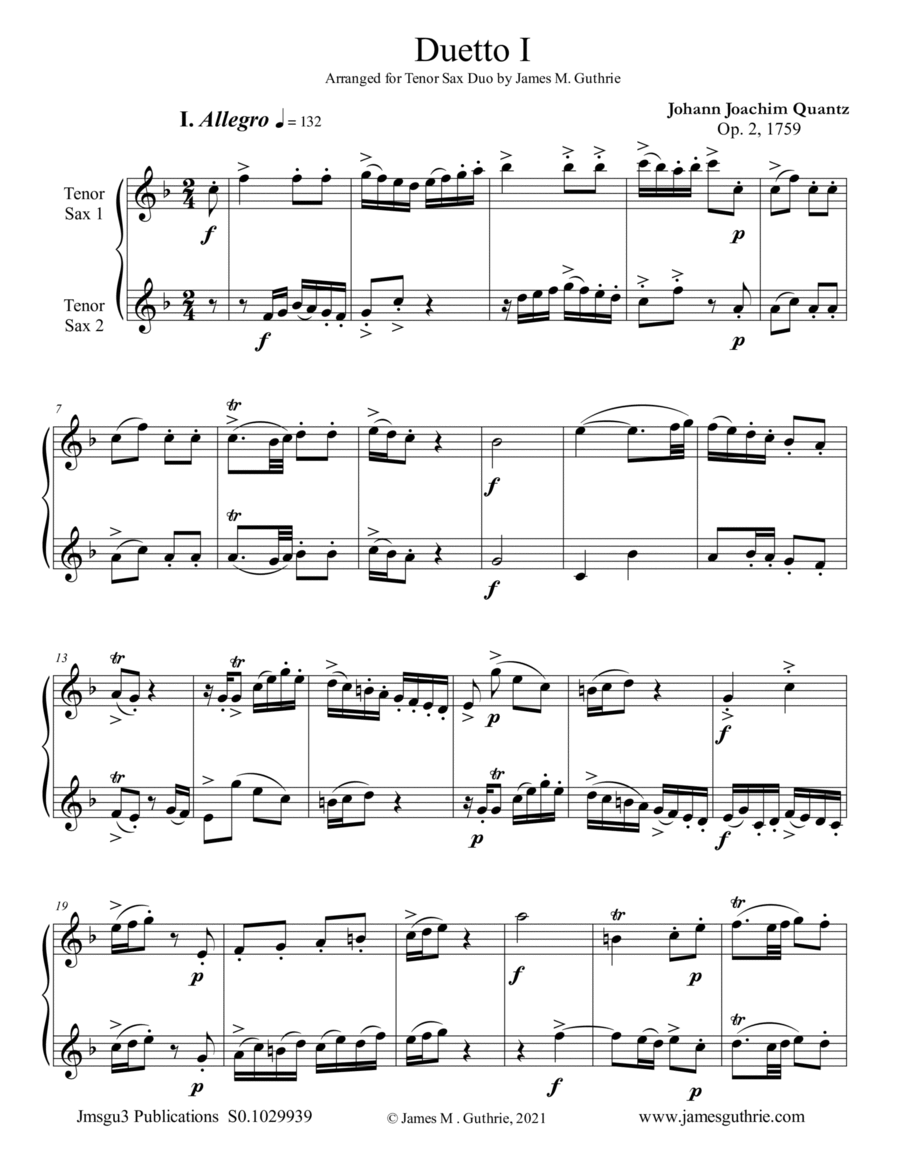 Quantz: Duetto Op. 2 No. 1 for Tenor Sax Duo Woodwind Duet scores gallery preview page 1