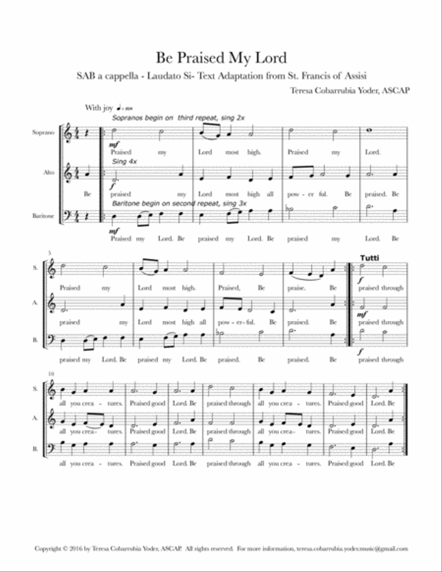 BE PRAISED MY LORD - SAB A CAPPELLA (With permission for unlimited copies for your choir) 3-Part scores gallery preview page 1