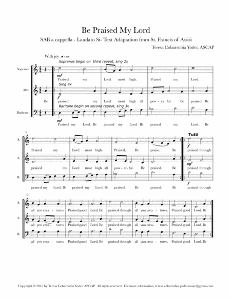 BE PRAISED MY LORD - SAB A CAPPELLA (With permission for unlimited copies for your choir)