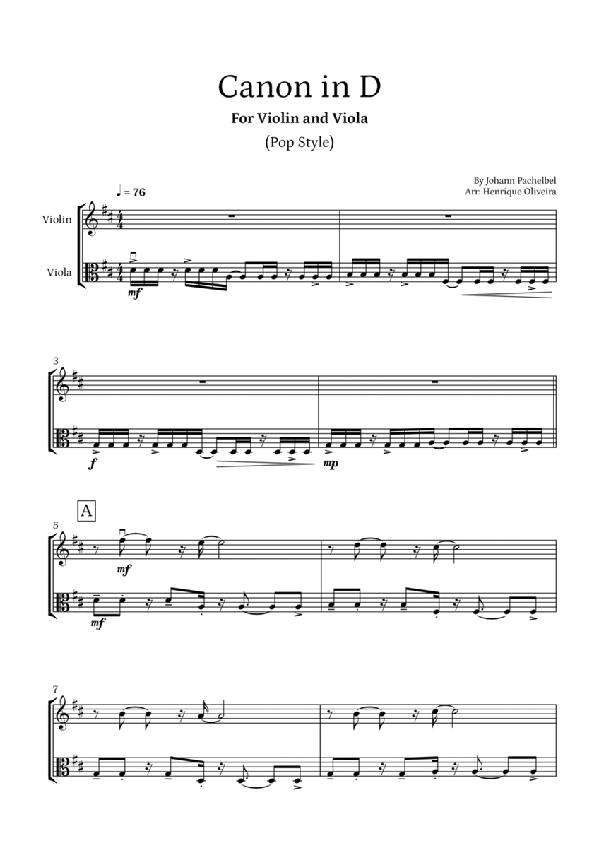 Canon in D (Pop Style) - For Violin and Viola image number null