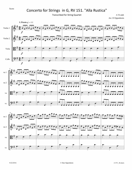 Vivaldi: Concerto for Strings in G, RV 151 "Alla Rustica" arr. for String Quartet image number null