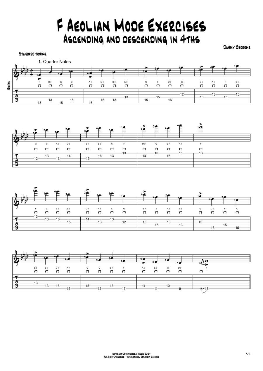 F Aeolian Mode Exercises - Ascending and Descending in 4ths Acoustic Guitar scores gallery preview page 1