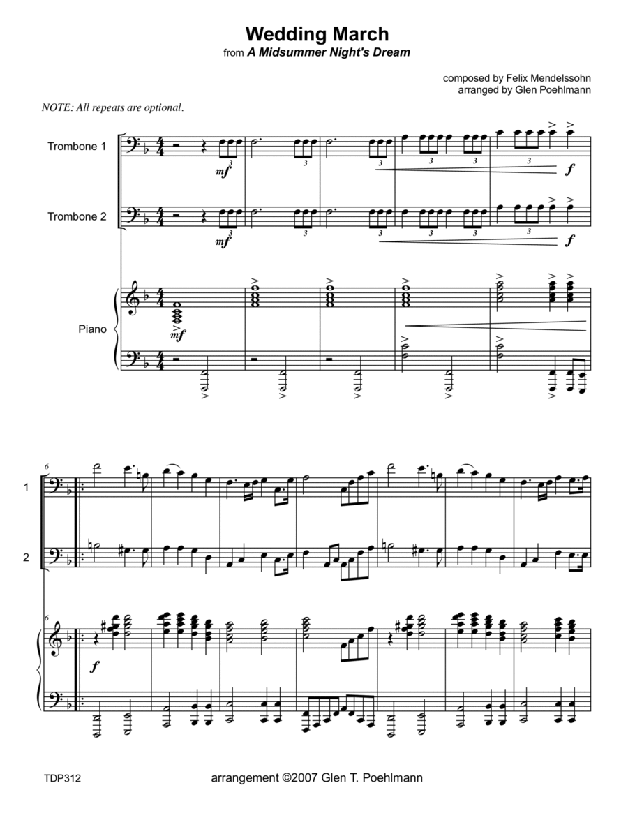 WEDDING MARCH (Mendelssohn) - TROMBONE DUET with Piano accompaniment Brass Duet scores gallery preview page 1
