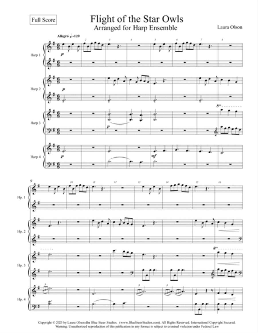 Flight of the Star Owls Harp Arrangement- Full score and parts (E minor) Harp scores gallery preview page 2