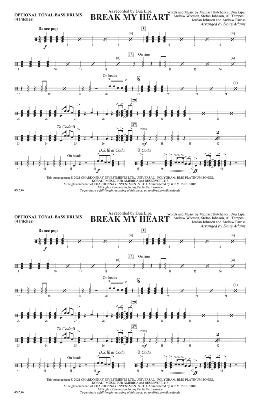 Break My Heart: Tonal Bass Drum Marching Band scores gallery preview page 1