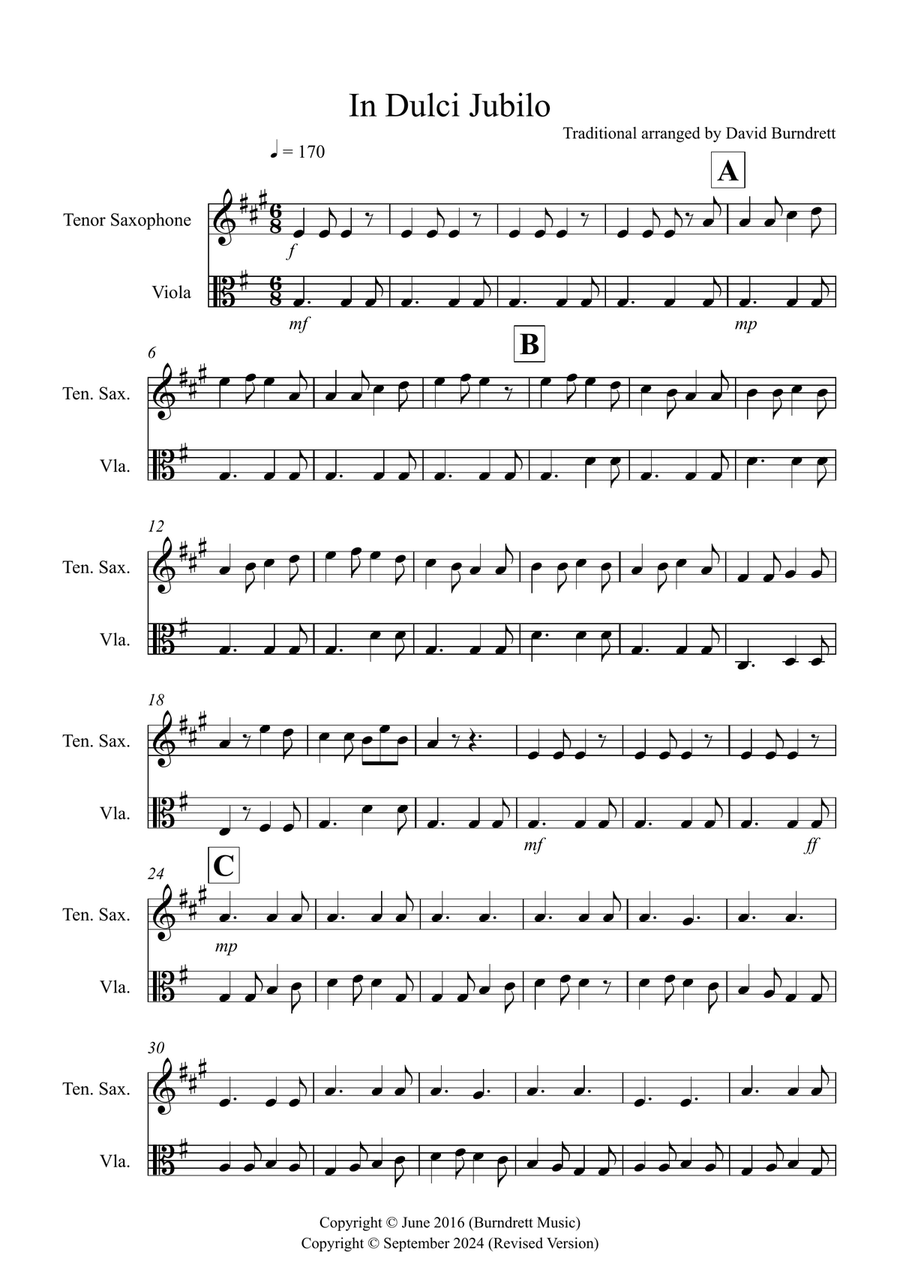Book cover for In Dulci Jubilo for Tenor Saxophone and Viola Duet