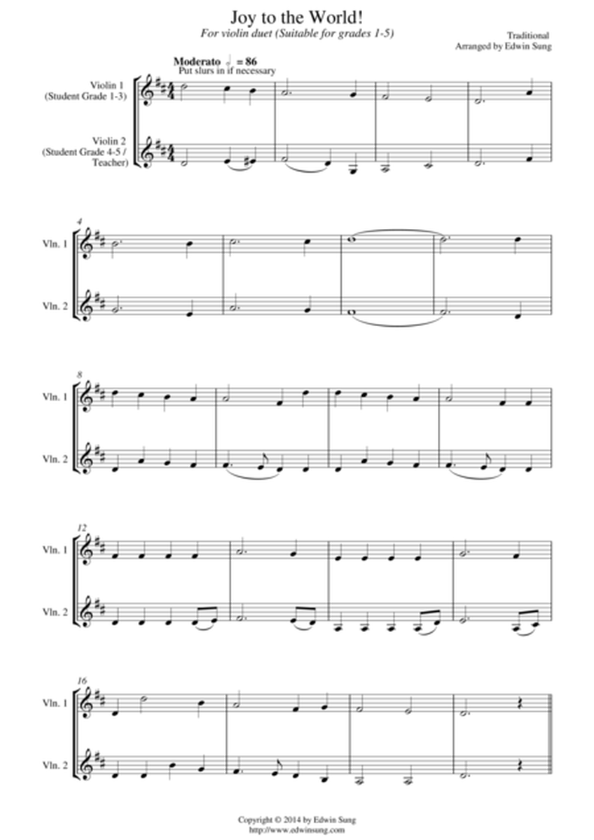 Joy to the World (for violin duet, suitable for grades 1-5) image number null