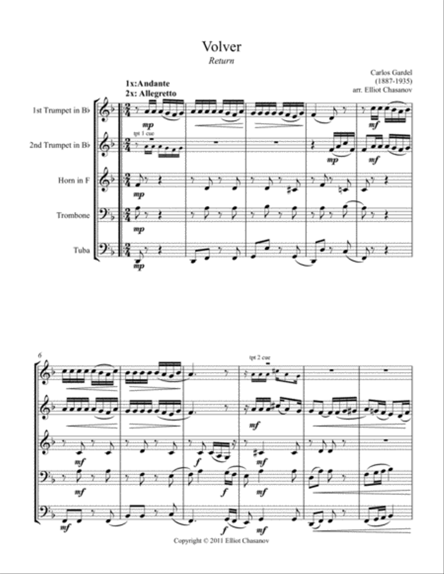 Volver-a tango for brass quintet Brass Quintet scores gallery preview page 1