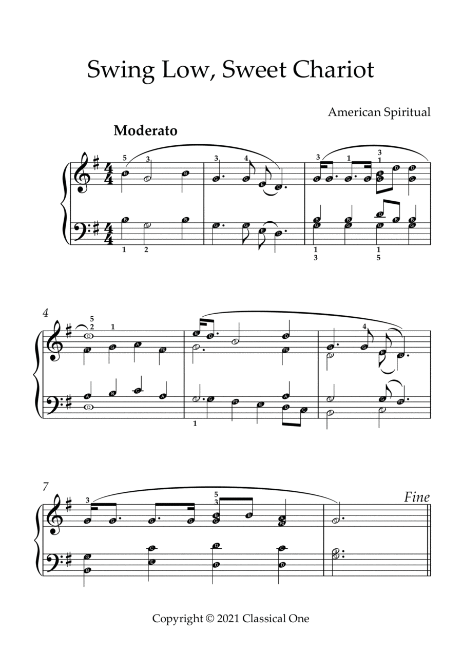 American Spiritual - Swing Low, Sweet Chariot(With Note name) Easy Piano scores gallery preview page 1