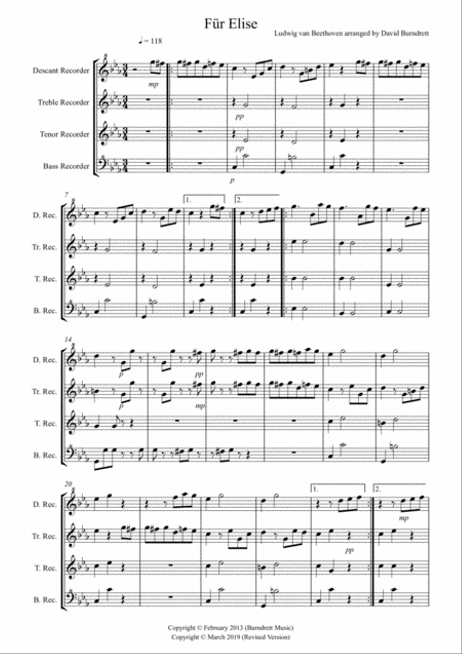 Fur Elise for Recorder Quartet Recorder scores gallery preview page 1