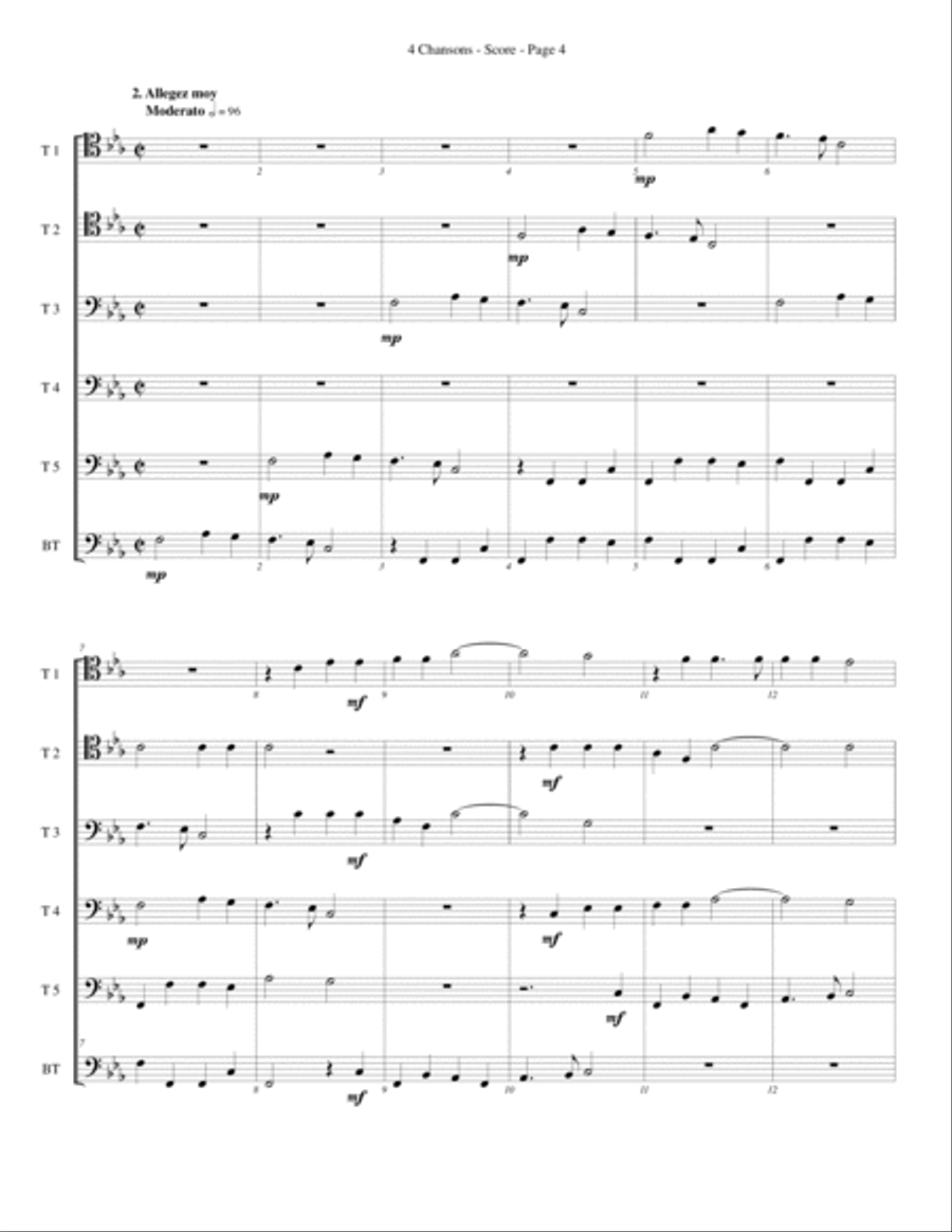 4 Chansons for Trombone or Low Brass Sextet Brass Ensemble scores gallery preview page 4