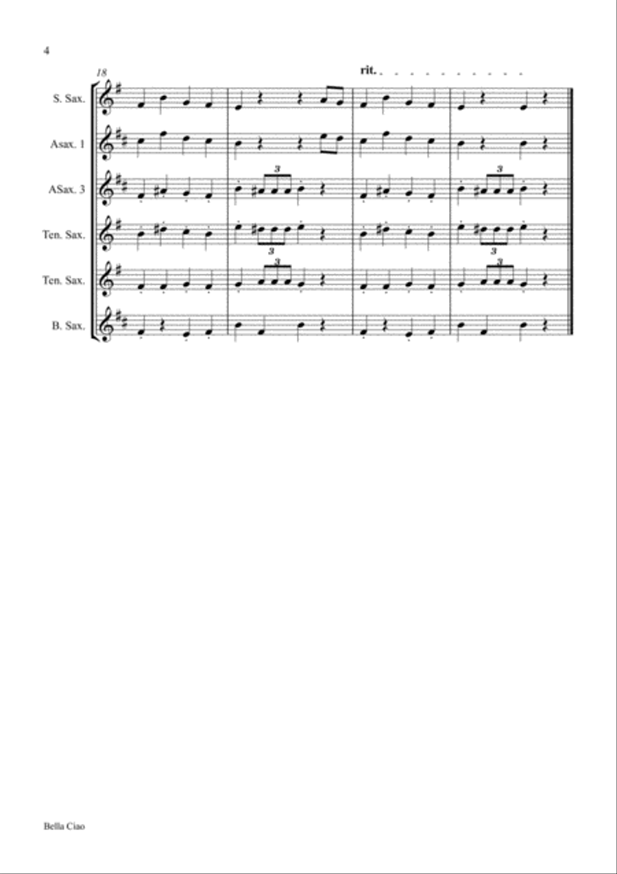 Bella Ciao for Saxophonquartet Woodwind Quartet scores gallery preview page 4