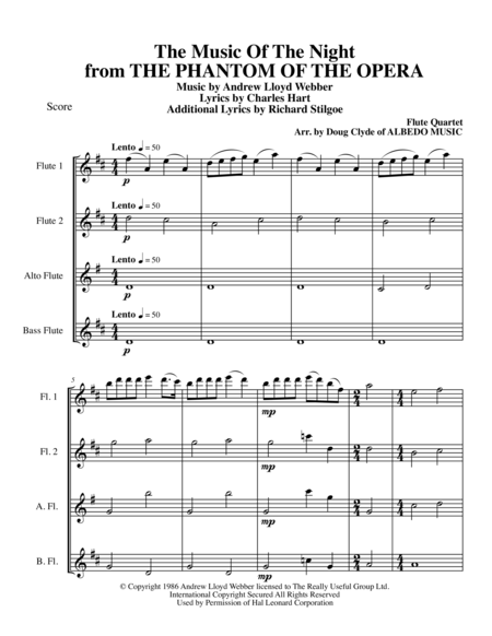 The Music Of The Night from THE PHANTOM OF THE OPERA for Flute Quartet image number null
