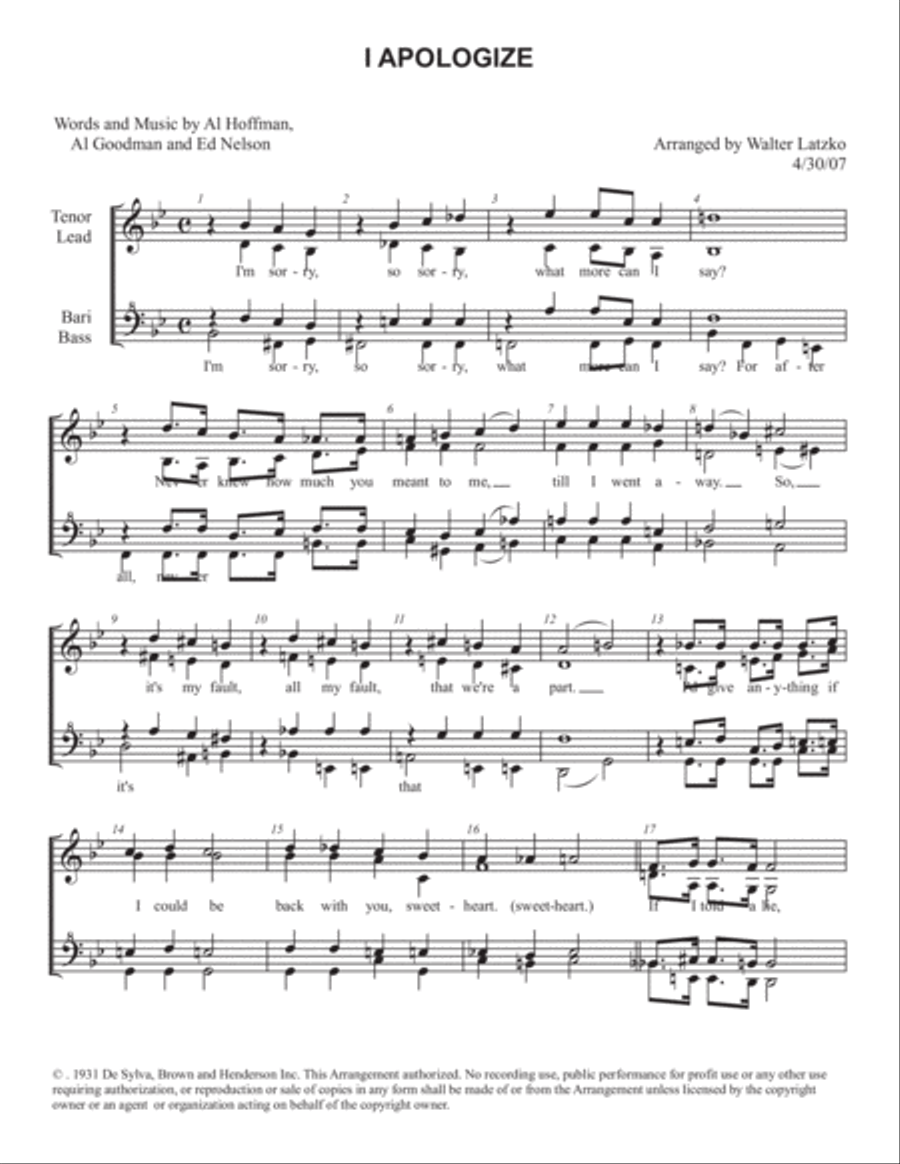 I Apologize TTBB scores gallery preview page 1