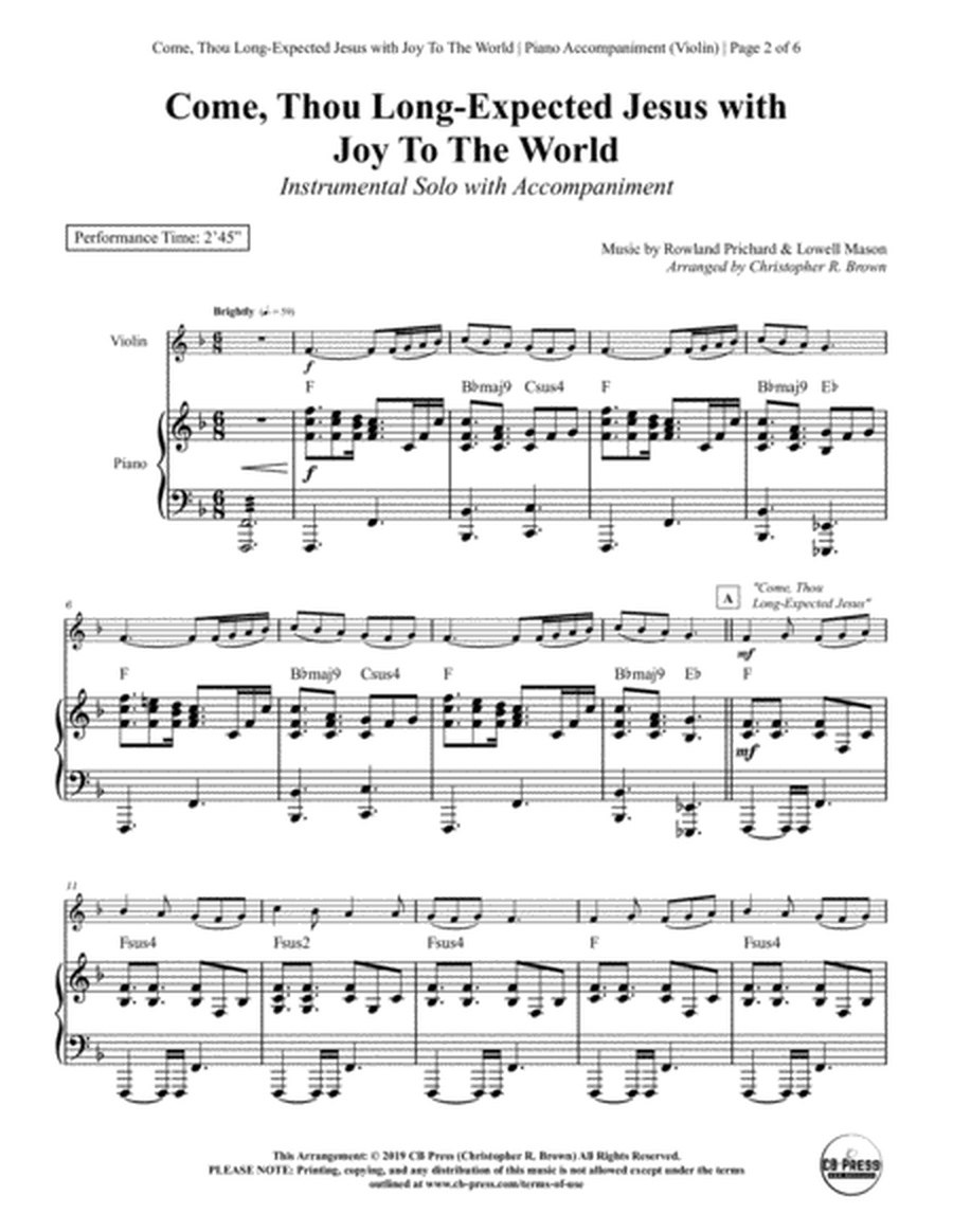 Come, Thou Long-Expected Jesus with Joy To The World - Violin Solo with Piano Accompaniment image number null