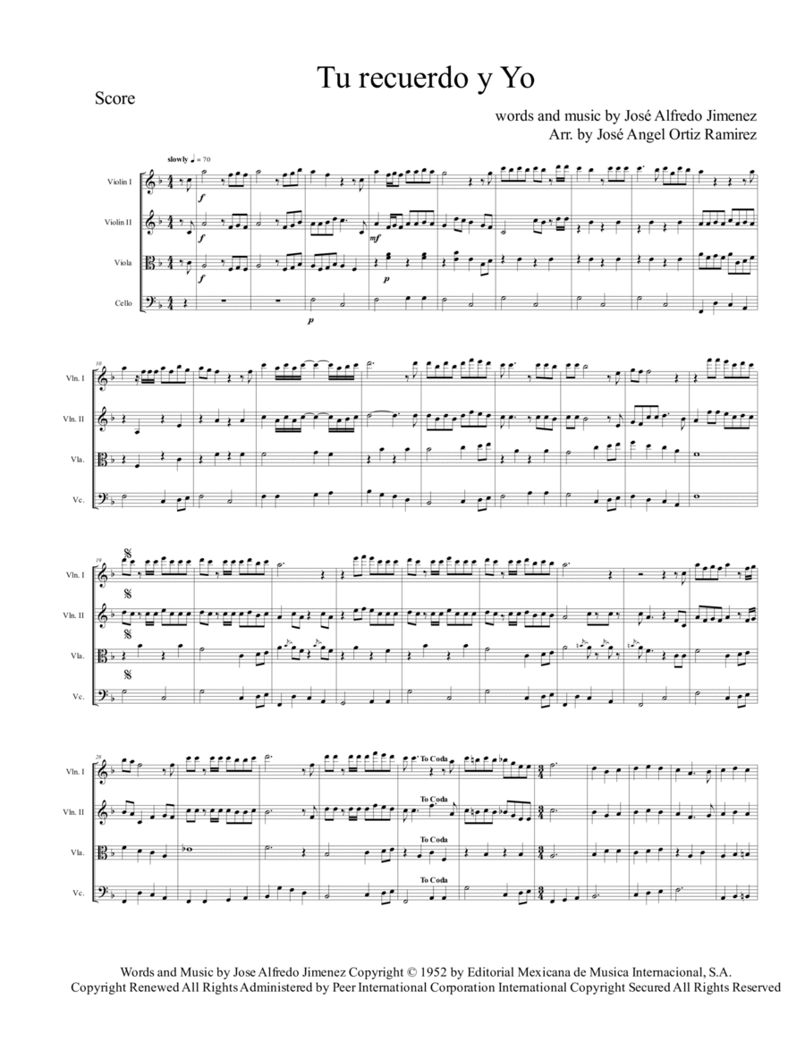 Tu Recuerdo Y Yo Tu Recuerdo Y Yo String Quartet scores gallery preview page 1