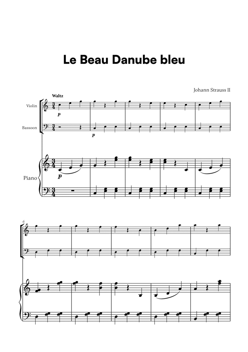 Johann Strauss II - Le Beau Danube bleu for Violin, Bassoon and Piano image number null