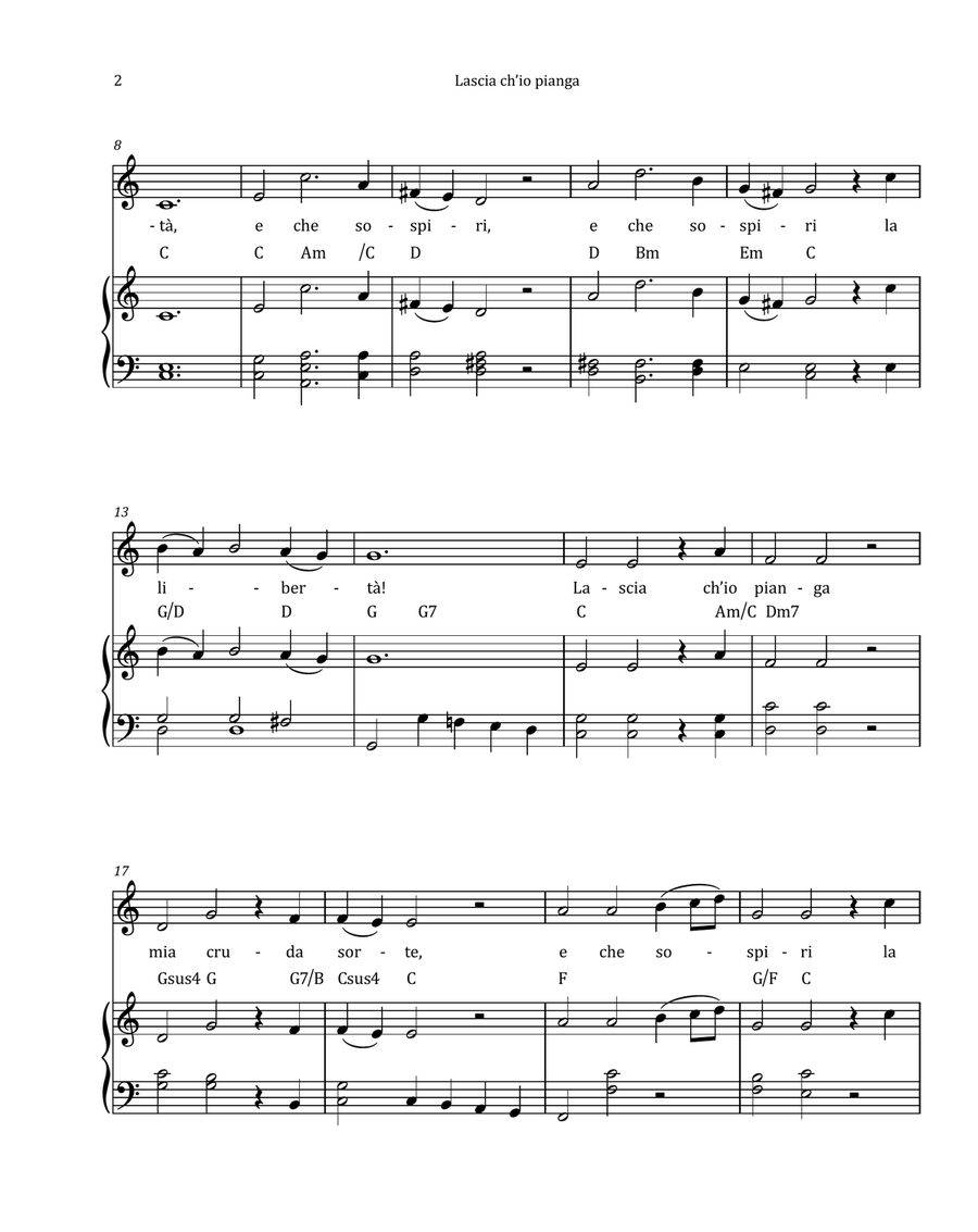Lascia Ch'io Pianga by Händel - Contralto & Piano in C Major with Chord Notation Chamber Music scores gallery preview page 2