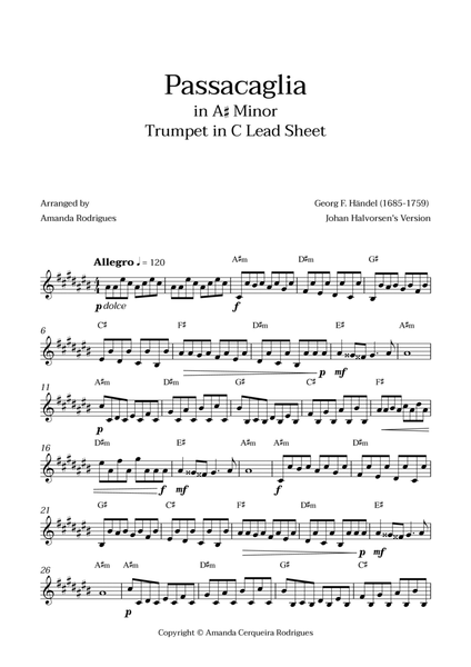 Passacaglia - Easy Trumpet in C Lead Sheet in A#m Minor (Johan Halvorsen's Version) image number null