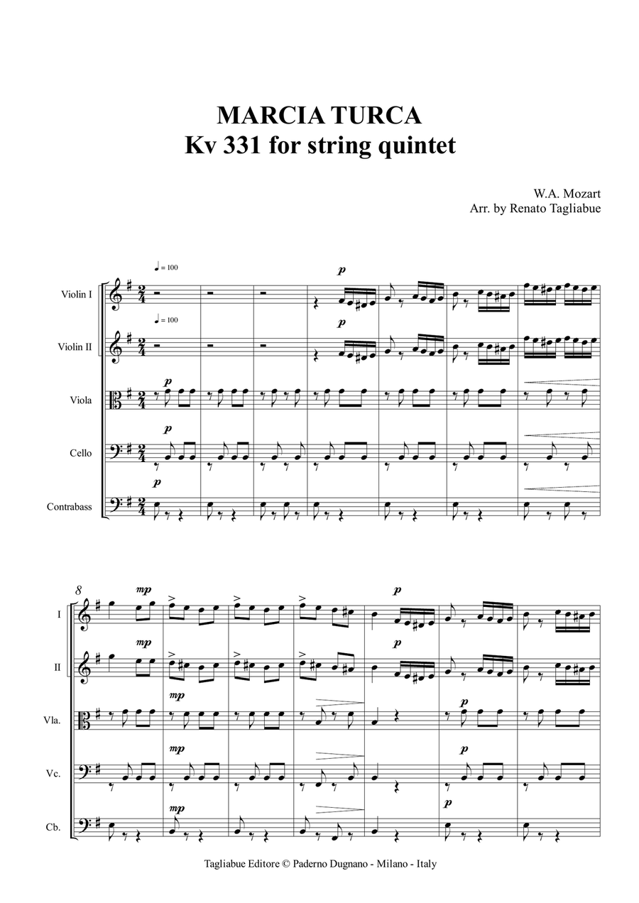 MARCIA TURCA - Kv 331 for string quintet - With parts String Quintet scores gallery preview page 1
