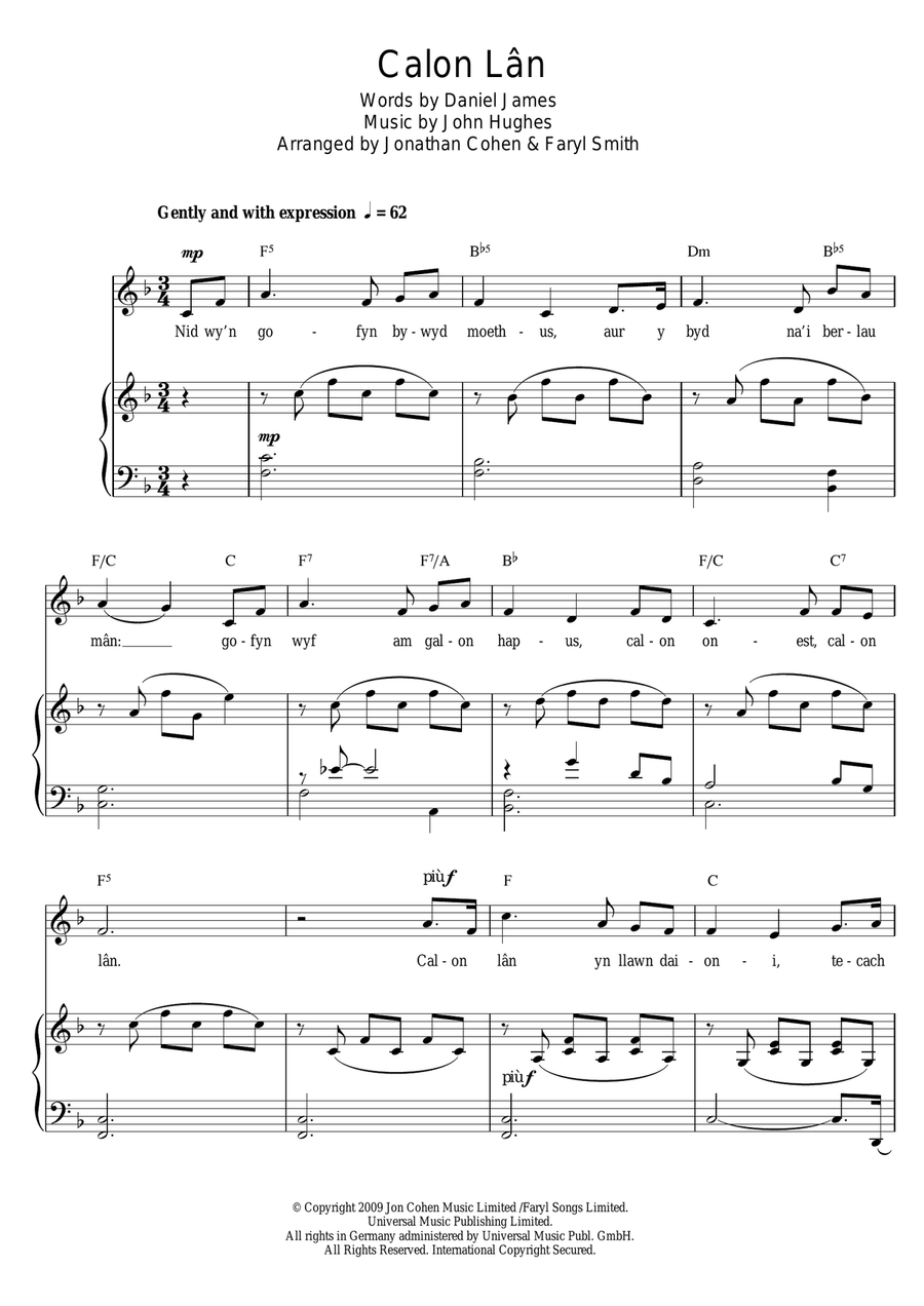 Calon Lan Piano, Vocal scores gallery preview page 1