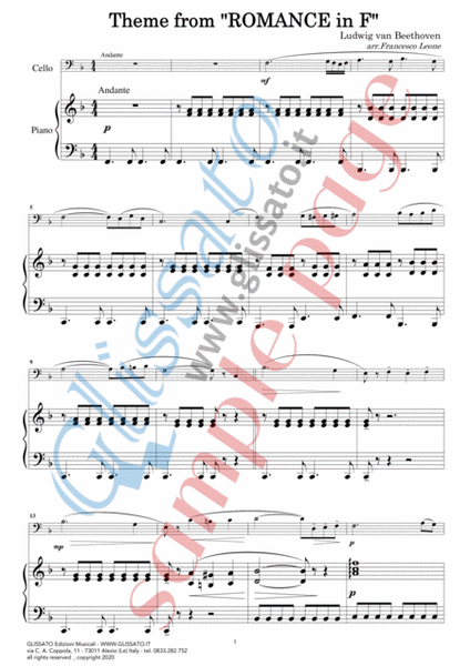 Theme from "Romance in F" easy for Cello and Piano by Ludwig van Beethoven Piano - Digital Sheet Music