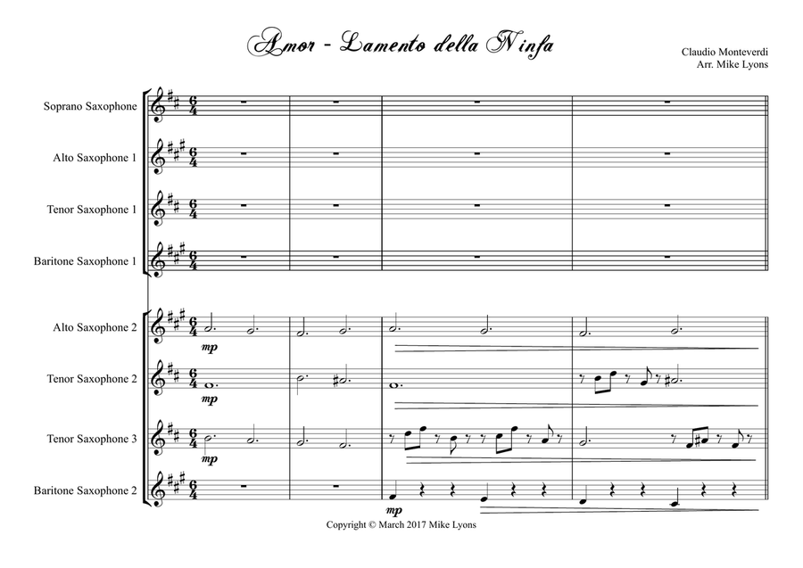 Amor - Lamento Della Ninfa (Monteverdi) (Sax Choir) Woodwind Ensemble scores gallery preview page 3