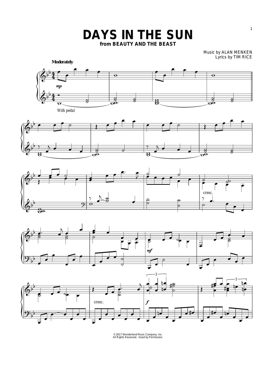 Days In The Sun (from Beauty And The Beast) Piano Solo scores gallery preview page 1