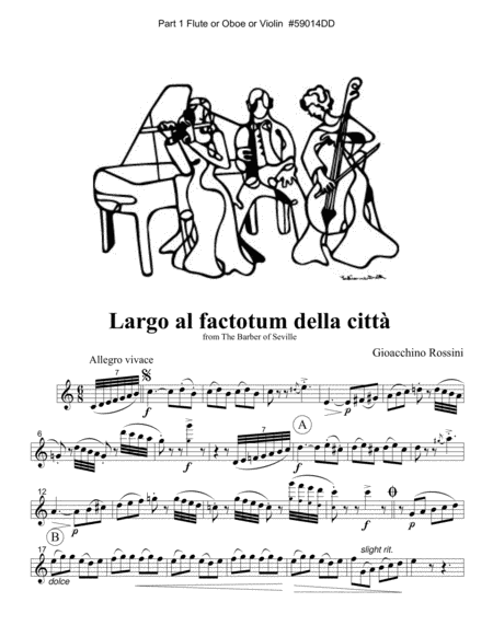 Largo al Factotum from Rossini's Barber of Seville for Two Violins & Piano (Two Flutes, Two Oboes, T