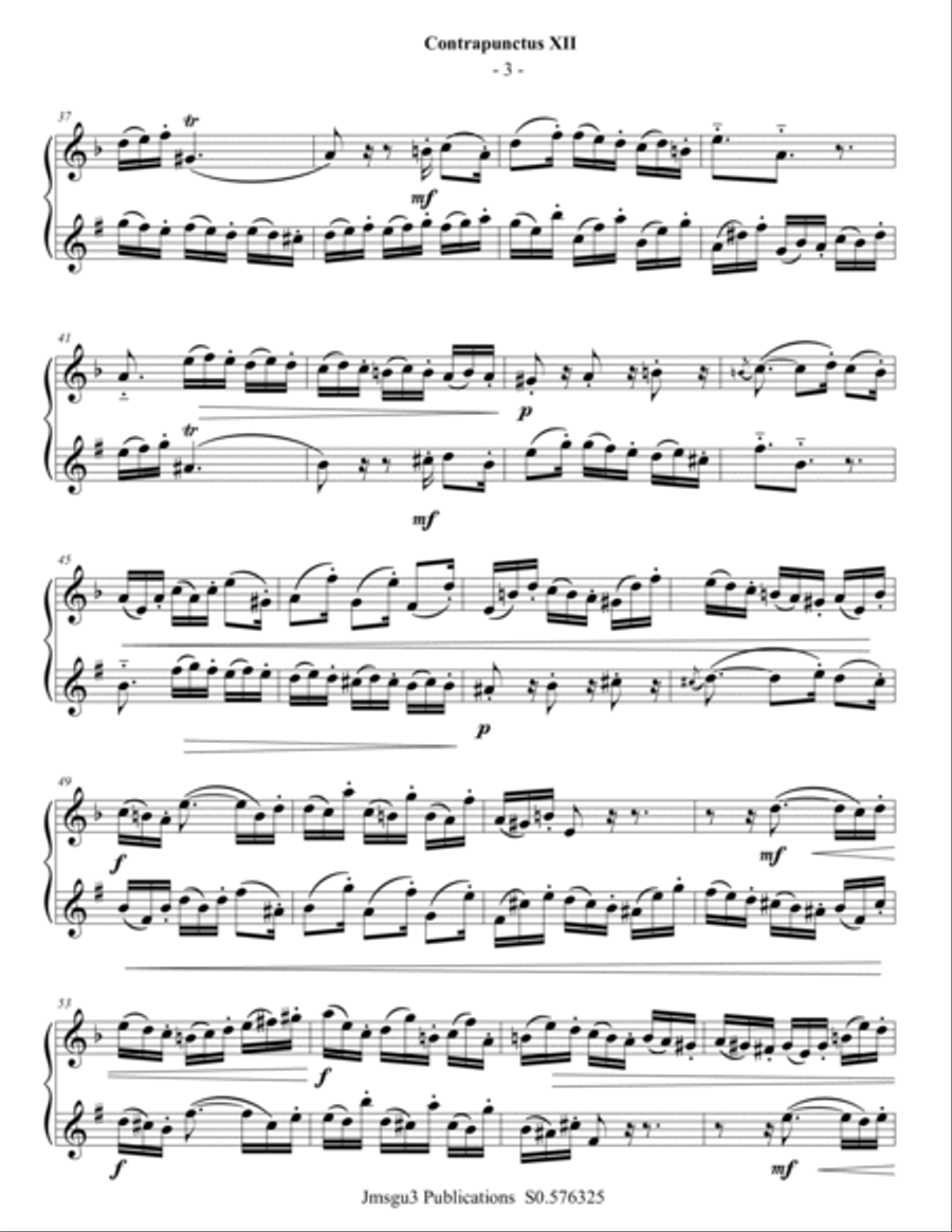 Bach: Four Duets from the Art of Fugue for Violin & Bass Clarinet Bass Clarinet scores gallery preview page 3