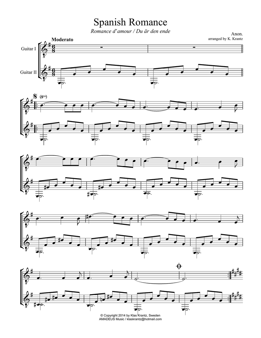 Spanish Romance, Romanza for easy guitar duo Acoustic Guitar scores gallery preview page 1