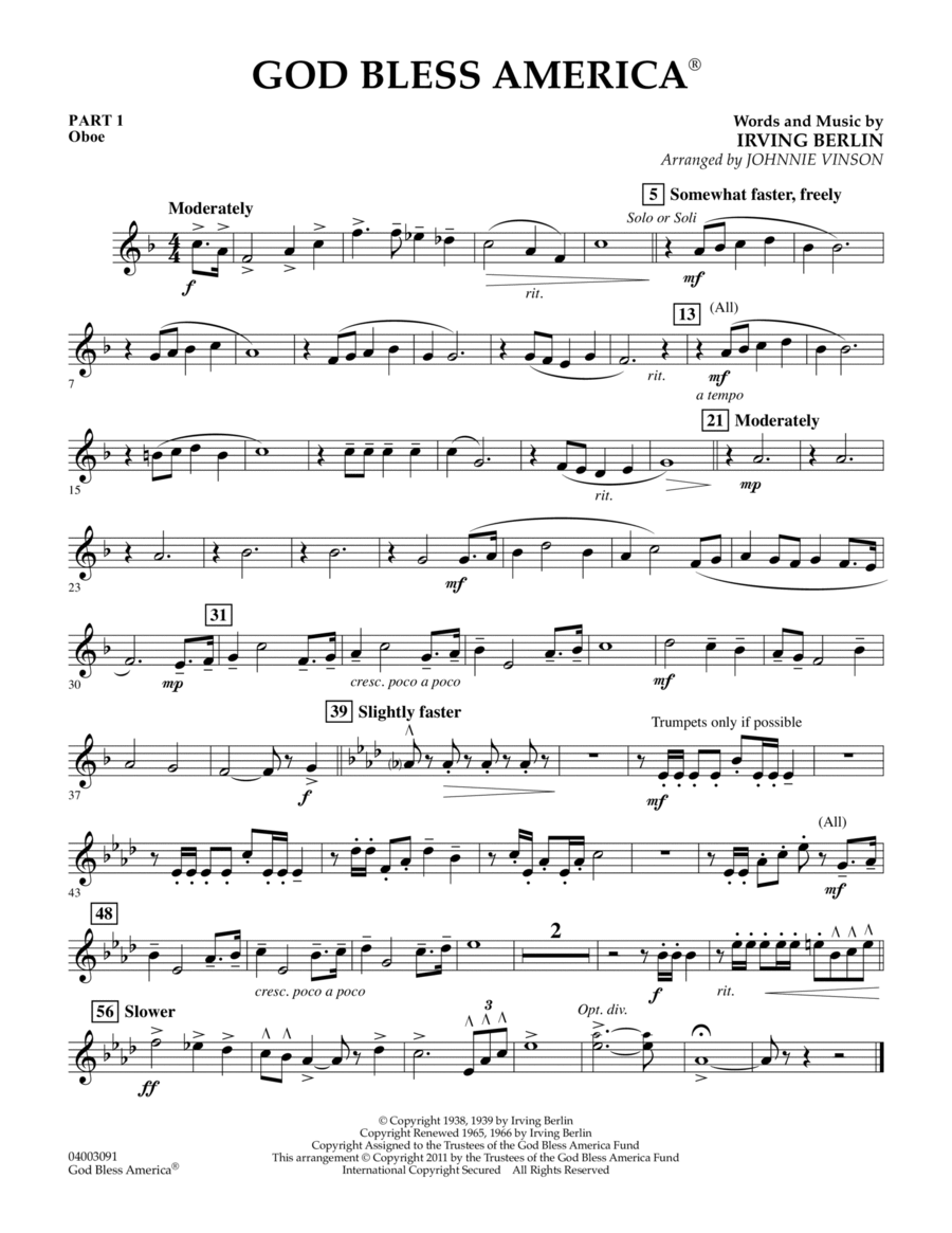 God Bless America - Pt.1 - Oboe Concert Band scores gallery preview page 1