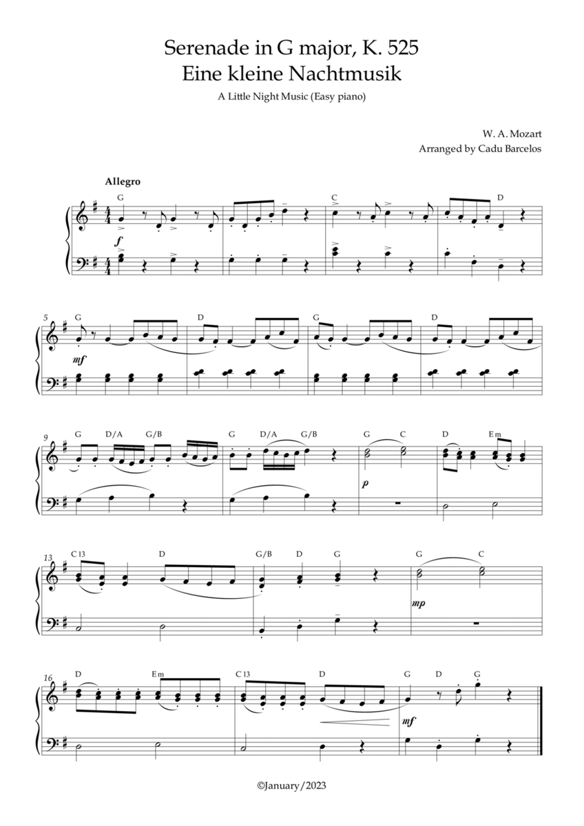 Serenade in G major, K. 525 / Eine kleine Nachtmusik /A Little Night Music - Easy Piano CHORDS image number null