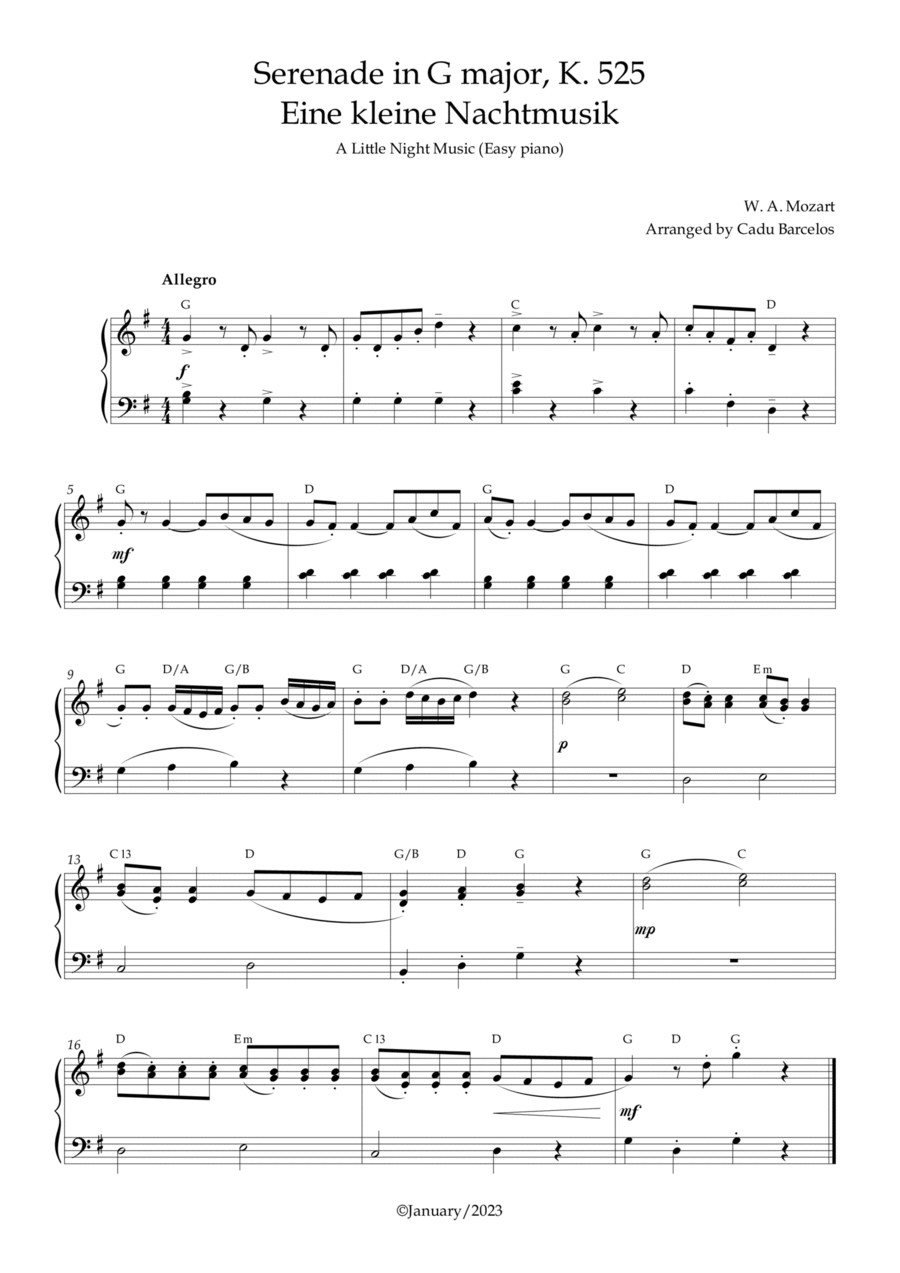 Serenade in G major, K. 525 / Eine kleine Nachtmusik /A Little Night Music - Easy Piano CHORDS Easy Piano scores gallery preview page 1