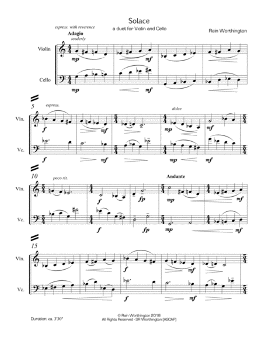 Solace - a duet for violin and cello String Duet scores gallery preview page 2