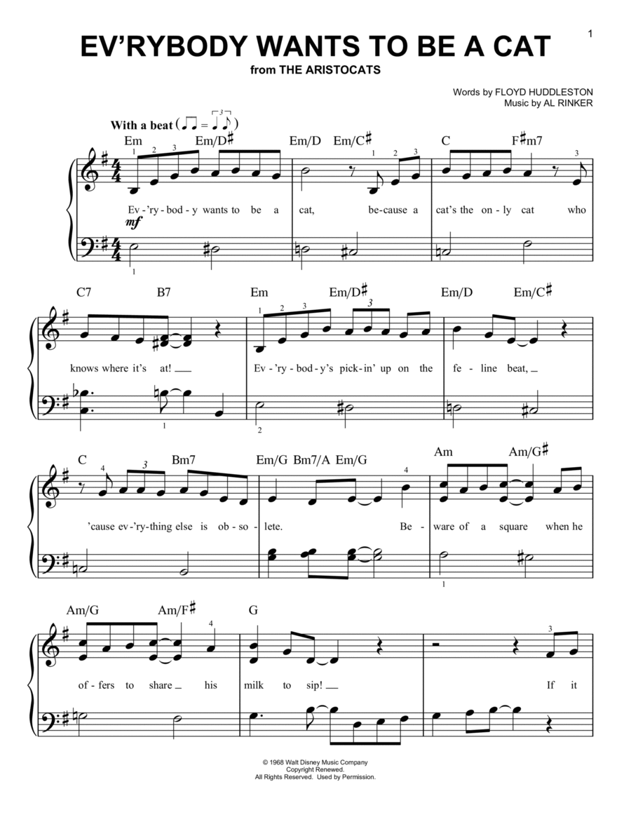 Ev'rybody Wants To Be A Cat (from The Aristocats) Easy Piano scores gallery preview page 1